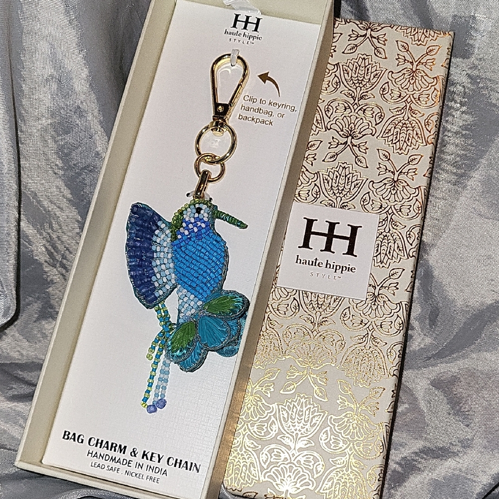 Haute Hippie Hummingbird Blue and Green Bag Charm  Key Chain Fob BNIB TA Ty TL
